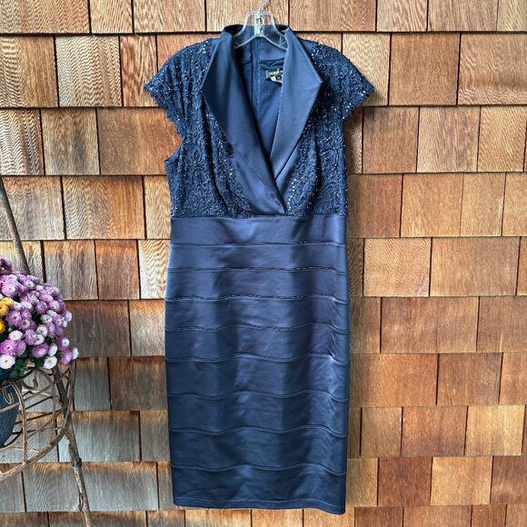 EUC Tadashi Shoji Navy Blue Cap Sleeve Lacey Cocktail Dress in Women's 16 - Picture 1 of 10